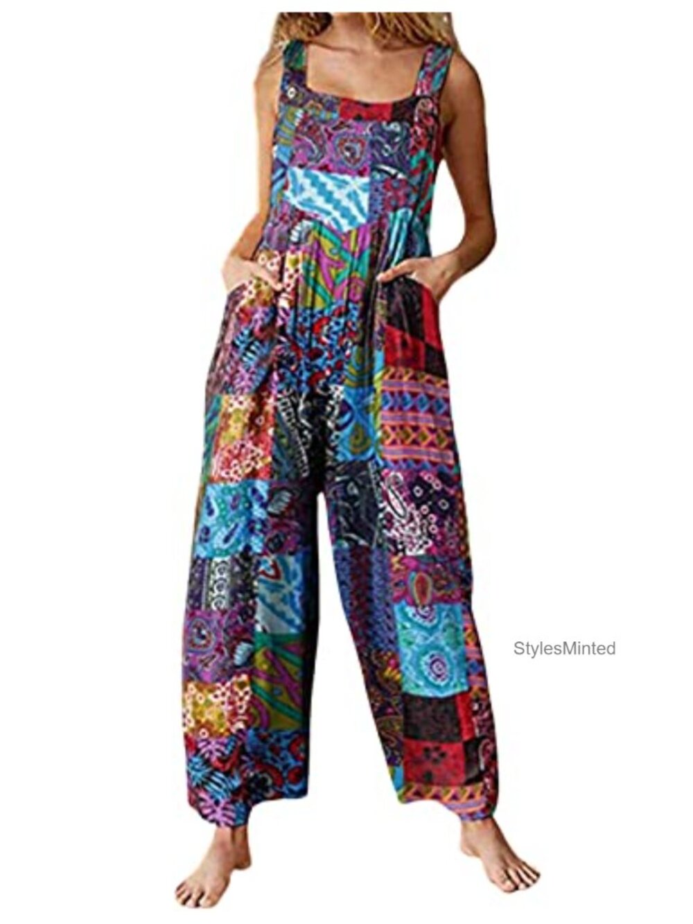 Women's Overalls Floral Print Loose Fit Wide Leg Jumpsuit with Pockets